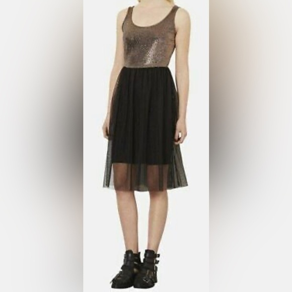 Top Shop Gold Tank Black Lined Tulle Dress Ladies Size 4 - Picture 1 of 11